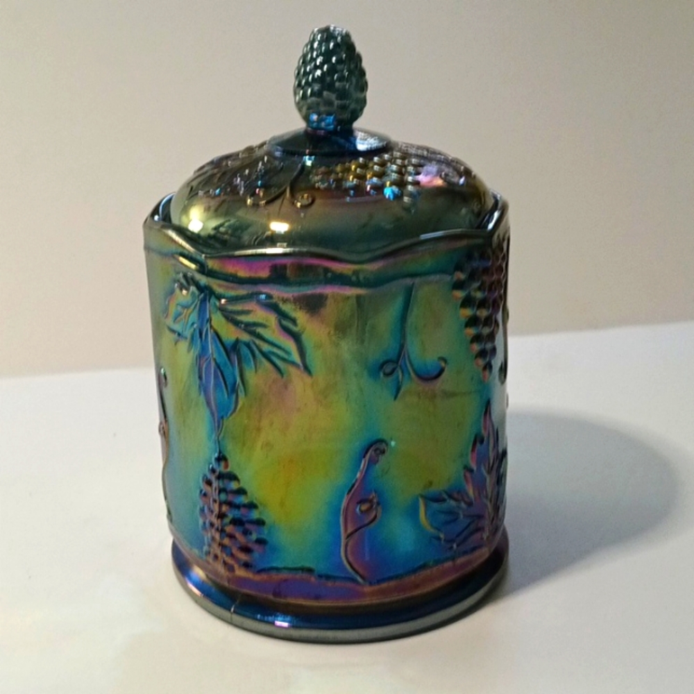 Vintage 1970s Indiana Blue Carnival Glass Candy Dish with Lid